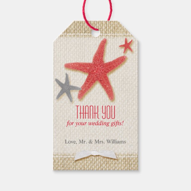 Red Starfish Rustic Beach Wedding Tack Presentetikett (Framsidan)