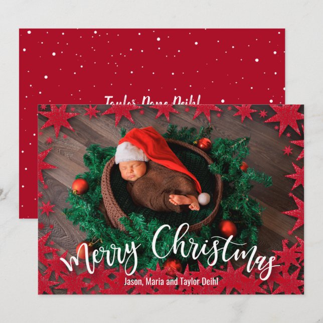 Red Stars jul Tillkännagivande för födelse Julkort (Fram/baksida)