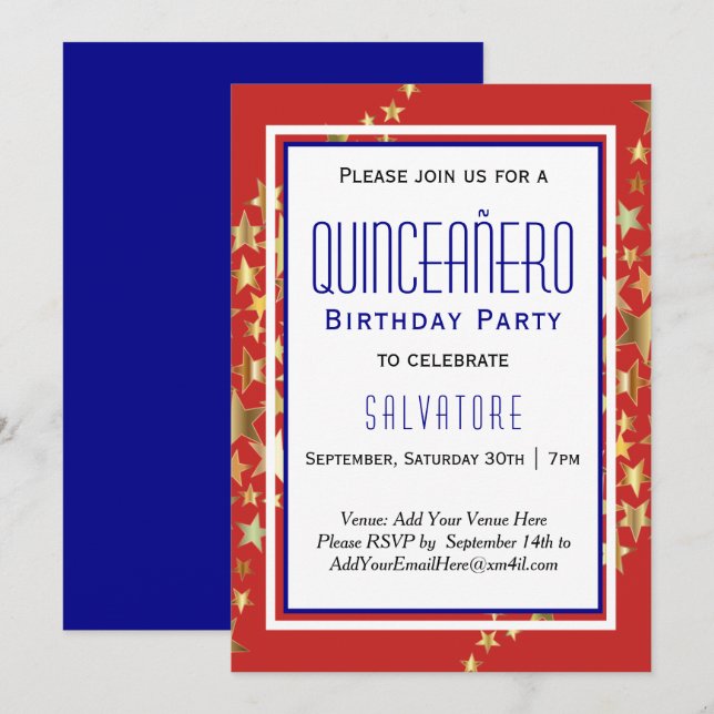 Red Stars Quinceañero 15:e födelsedagen BOY Inbjudningar (Fram/baksida)