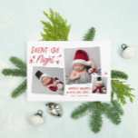 Red Stars Silent Night 3 Photo Collage Baby Julkort<br><div class="desc">Med handritade stjärnor,  vismisk typografi och en unik 3-fotolayout. Kommer med ett matchande mönster på baksidan.</div>
