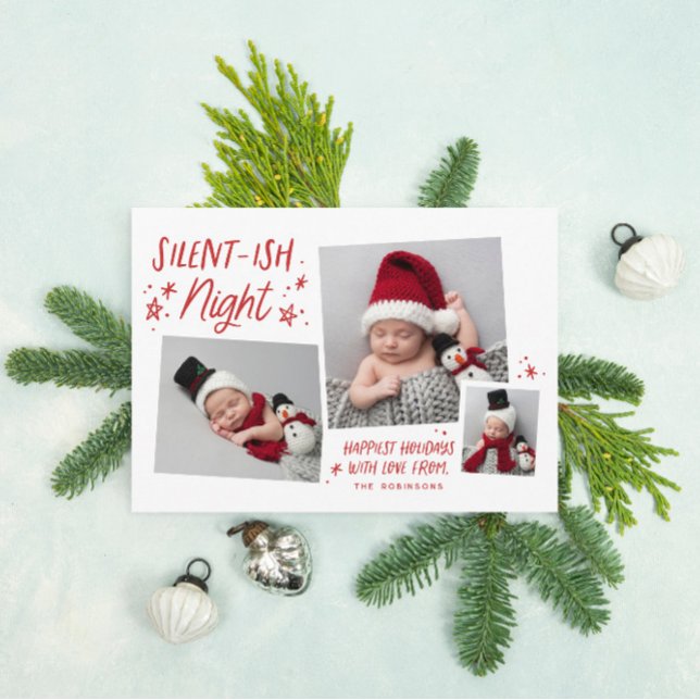 Red Stars Silent Night 3 Photo Collage Baby Julkort (Skapare uppladdad)