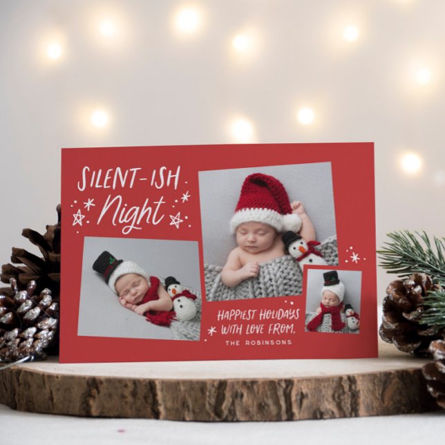 Red Stars Silent Night 3 Photo Collage Baby Julkort (Skapare uppladdad)