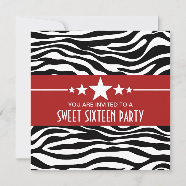 Red Stars Zebra tryck Sweet 16 Inbjudan (Framsida)