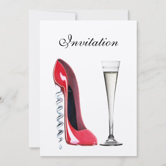 Red Stiletto Corkskruv Heel and Champagne Flute I Inbjudningar (Framsida)