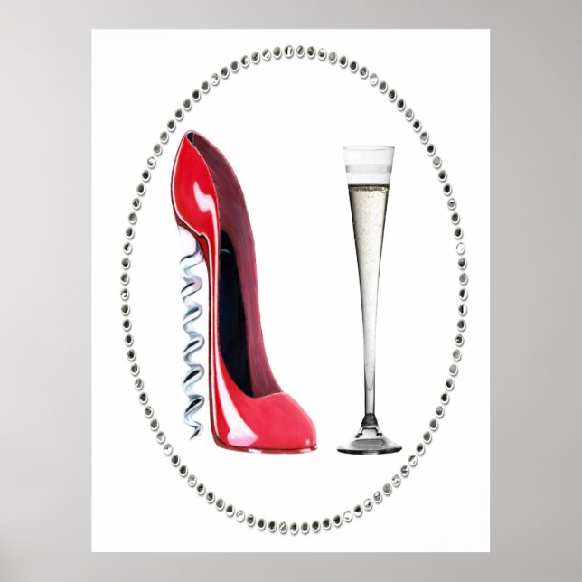 Red Stiletto Shoe och Champagne Flute Poster (Framsidan)
