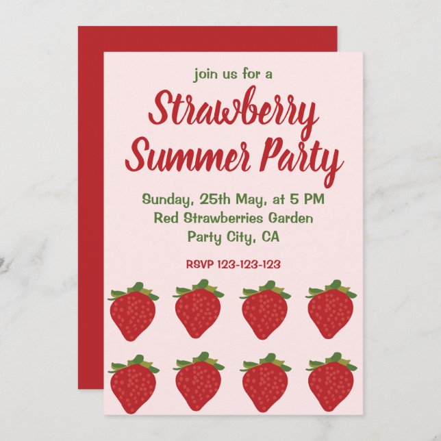 Red Strawbär Fruit Strawberry Sommar Party Inbjudningar (Fram/baksida)