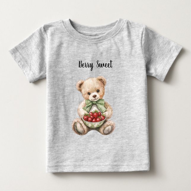 Red Strawberries Berry Sweet Green Bow Teddy Bear T Shirt (Framsida)