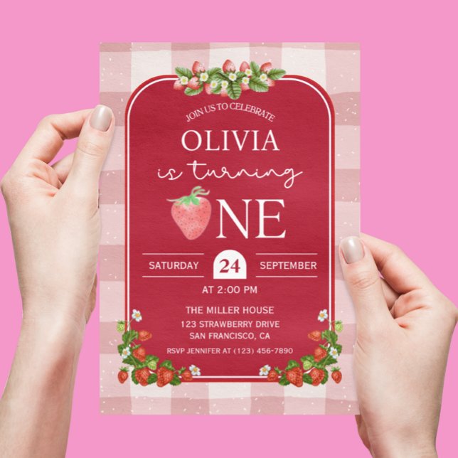 Red Strawberry 1st Birthday Girl Party Inbjudningar (Red Strawberry 1st birthday invitation)