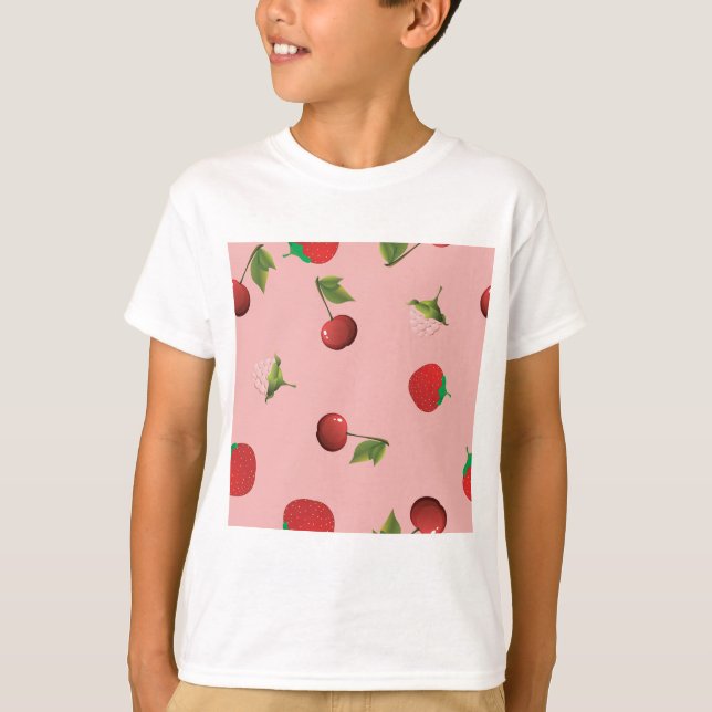 Red Strawberry and Cherry Pattern Pink Fruit T Shirt (Framsida)