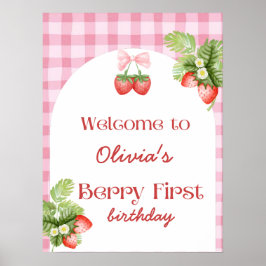 Red Strawberry Berry First Birthday Tack Poster