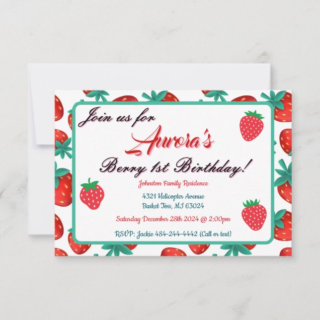 Red Strawberry Berry Första Födelsedagsfesten Inbjudningar (Framsida)