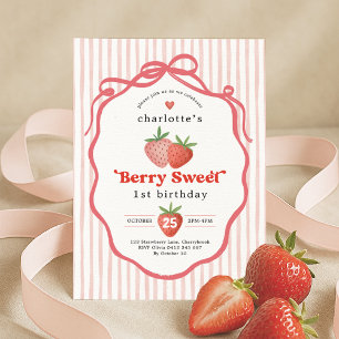 Red Strawberry Berry Sweet 1st Birthday Inbjudningar