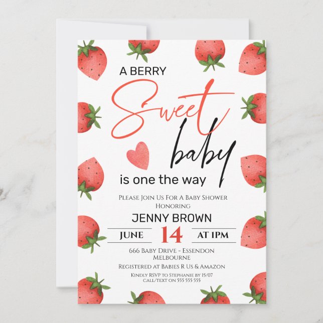 Red Strawberry Berry Sweet Baby Baby Shower Inbjudningar (Framsida)