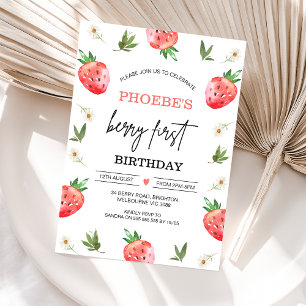 Red Strawberry Daisy Berry Sweet 1st Birthday Inbjudningar