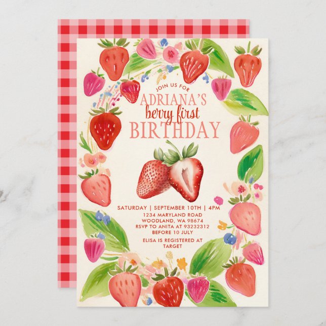 Red Strawberry Gingham Berry Sweet Birthday Inbjudningar (Fram/baksida)