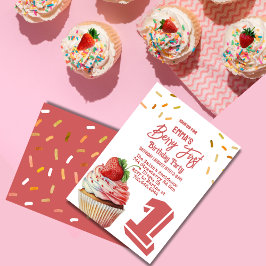 Red Strawberry Girl's Berry First Birthday Inbjudningar