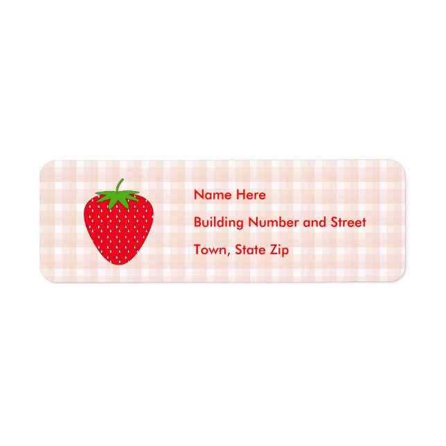 Red Strawberry on Gingham Check. Returadress Etikett (Framsidan)