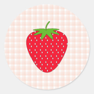 Red Strawberry on Gingham Check. Runt Klistermärke