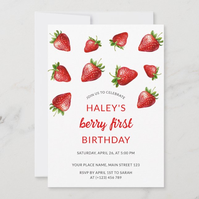 Red Strawberry Watercolor Berry 1st Baby Birthday Inbjudningar (Framsida)