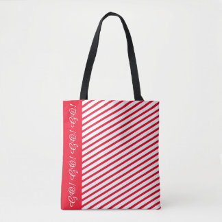 Red Stripe Accent Tote Bag / Custom White Script Tygkasse