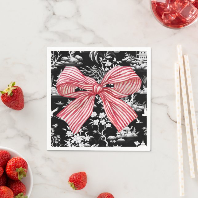 Red Stripe Bow Chinoiserie Preppy Napkin Pappersservett (Insitu)
