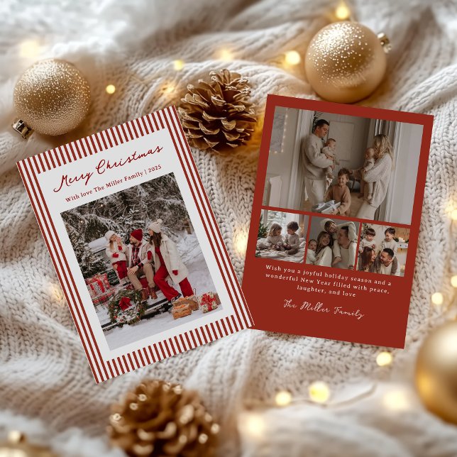 Red Stripe Family Christmas Photo Holiday Card Julkort (Skapare uppladdad)