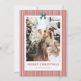 Red Stripe Green Bow Christmas Photo Holiday Card Julkort