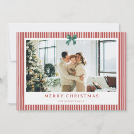 Red Stripe Green Bow Christmas Photo Holiday Card  Julkort