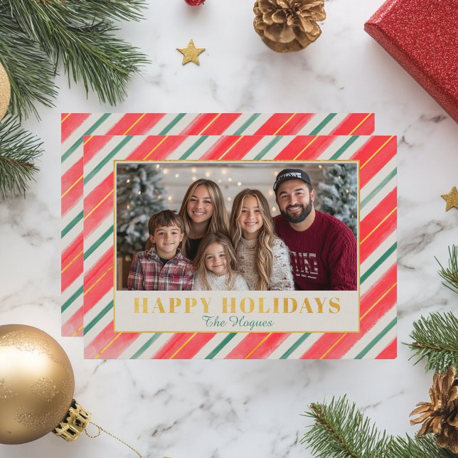 Red Stripe-jul Julkort (red, green and gold striped christmas greeting card)