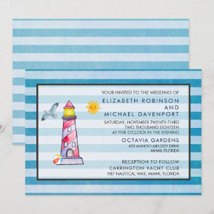 Red Stripe Watercolor Lighthouse Bröllop Inbjudningar