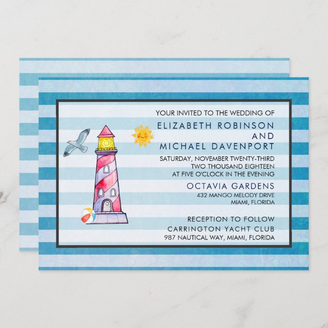 Red Stripe Watercolor Lighthouse Bröllop Inbjudningar (Fram/baksida)