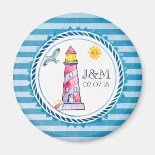Red Stripe Watercolor Lighthouse Bröllop Magnet