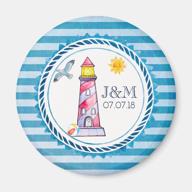 Red Stripe Watercolor Lighthouse Bröllop Magnet (Framsidan)