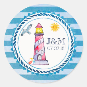 Red Stripe Watercolor Lighthouse Bröllop Runt Klistermärke