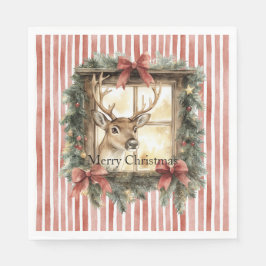 Red Stripes Bows Christmas Deer in Window Pappersservett