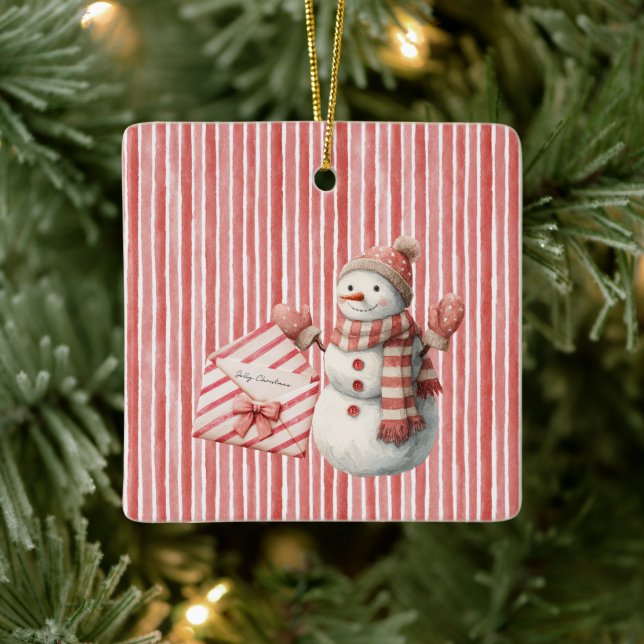 Red Stripes Jolly Christmas Snowman Julgransprydnad Keramik (Träd)