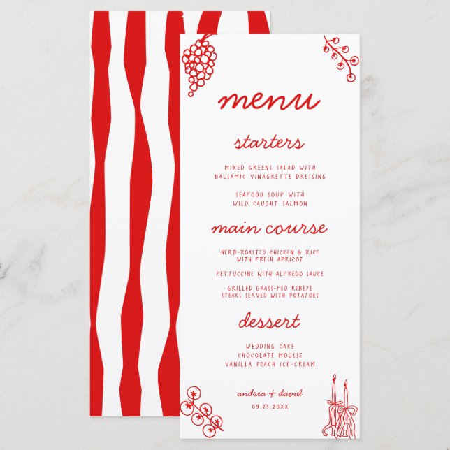 Red Stripes Retro Hand Drawn Italian Wedding Menu Meny (Fram/baksida)
