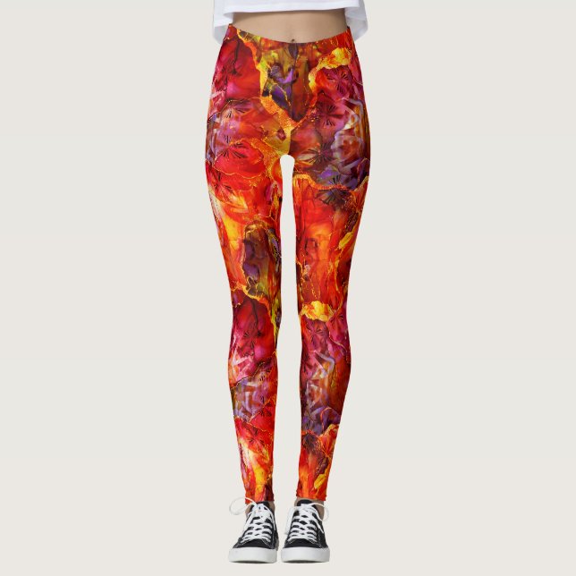Red Struktur Red Blommigt Abstraction Leggings (Framsida)