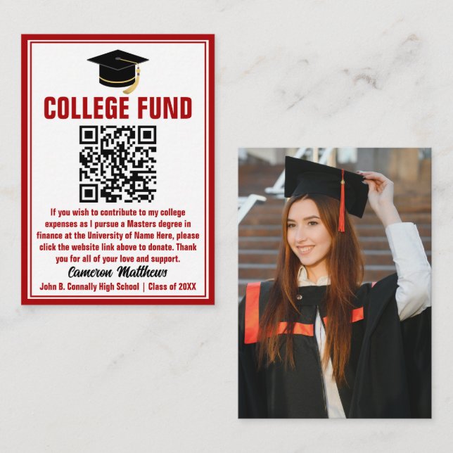 Red Student Photo College Fund QR-kod Tilläggskort (Fram/baksida)