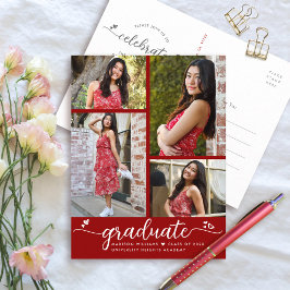 Red Studenten 4 Photo Modern Girly Script Hearts Inbjudan Vykort