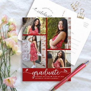 Red Studenten 4 Photo Modern Girly Script Hearts Inbjudan Vykort