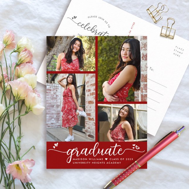 Red Studenten 4 Photo Modern Girly Script Hearts Inbjudan Vykort (Skapare uppladdad)