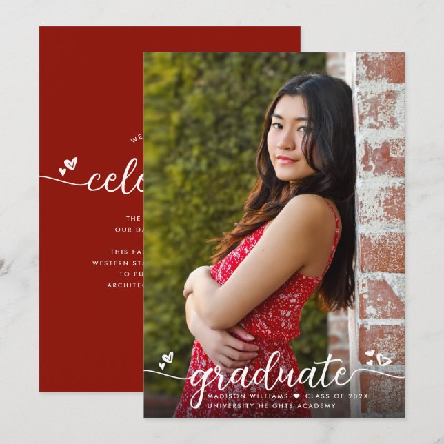Red Studenten Photo Calligraphy Hearts Modern Meddelande (Fram/baksida)
