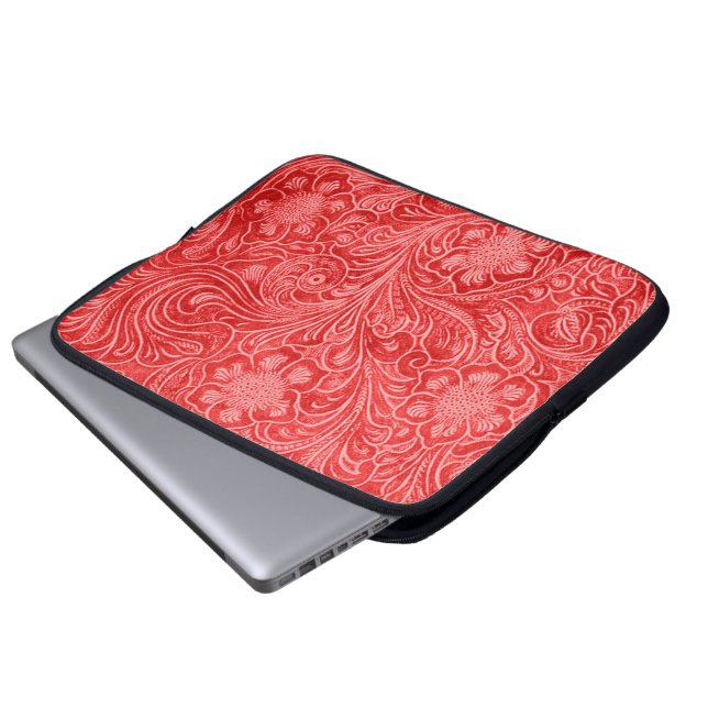 Red Suede Leather look Embossed Flowers Laptop Sleeve (Framre botten)