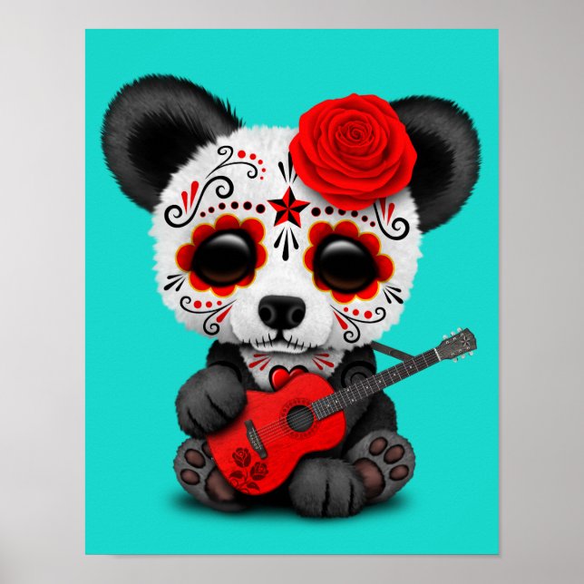 Red Sugar Skull Panda Spelar Guitar Poster (Framsidan)