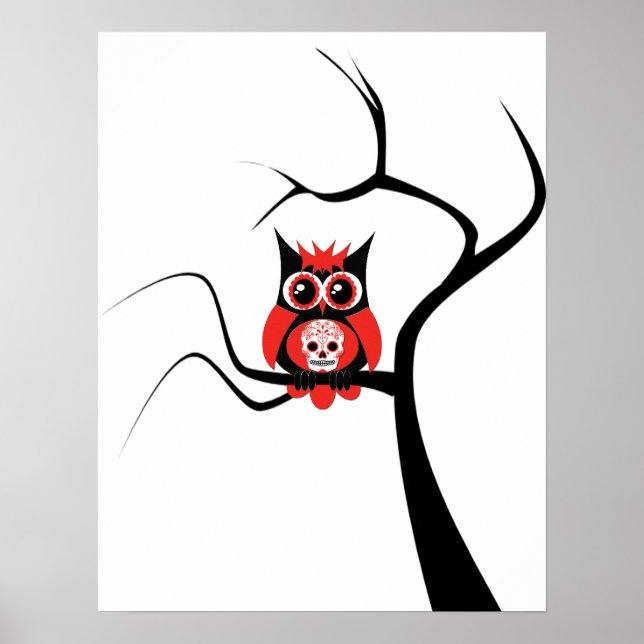 Red Sugar Skull Uggla i Träd Poster (Framsidan)