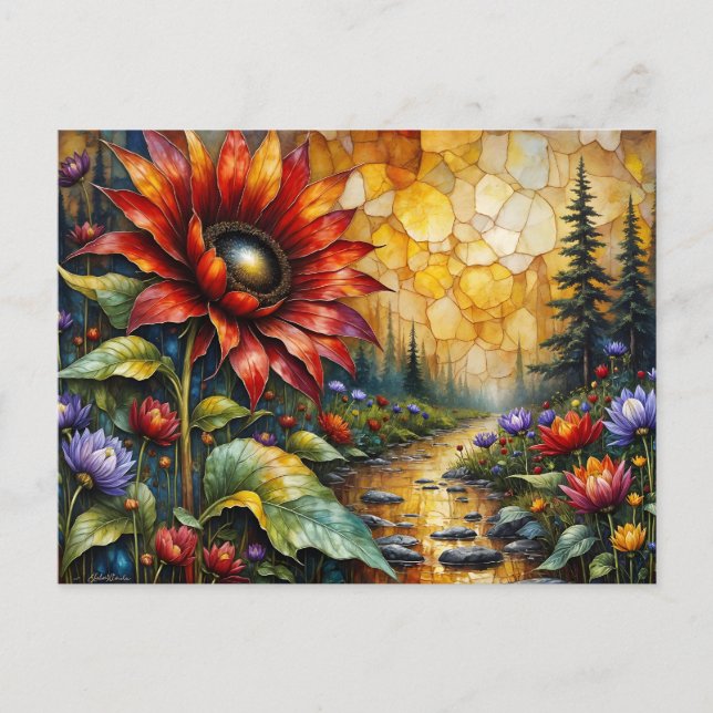 Red Sunflower in valley by stream Vykort (Framsida)