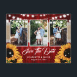 Red Sunflower Wedding Photo Save The Date Meddelande Vykort<br><div class="desc">Rustic red wedding photo save the date postcard featuring sunflowers,  string lights,  burlap and lace on a barn wood background</div>