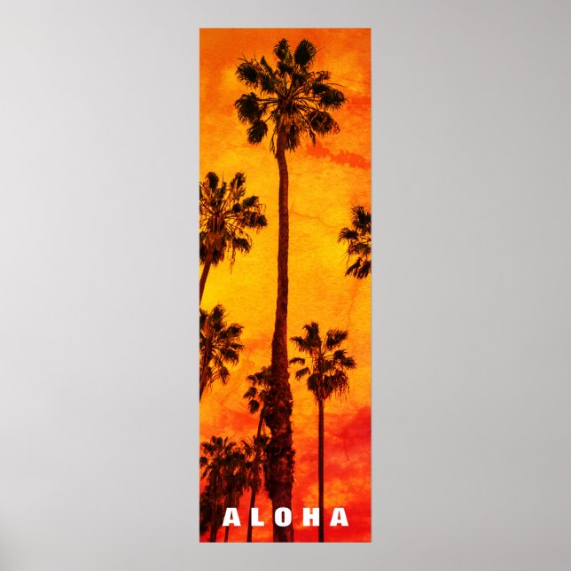 Red Sunset Aloha Hawaii Handflatan Träd Tropikerna Poster (Framsidan)