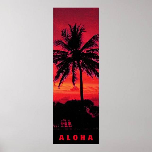 Red Sunset Aloha Hawaii Handflatan Träd Tropikerna Poster (Framsidan)